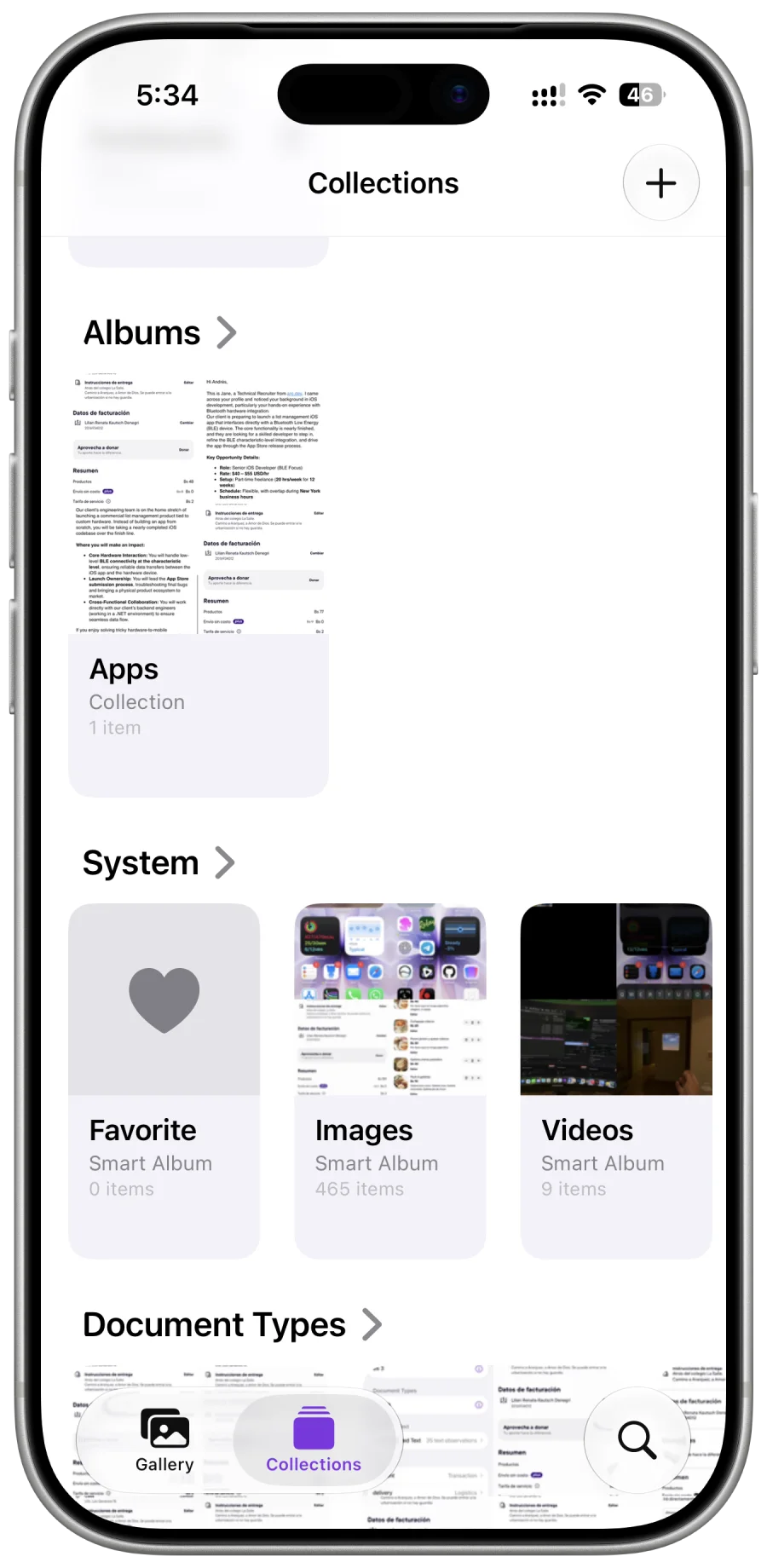 SnapPile collections screen with albums and smart albums