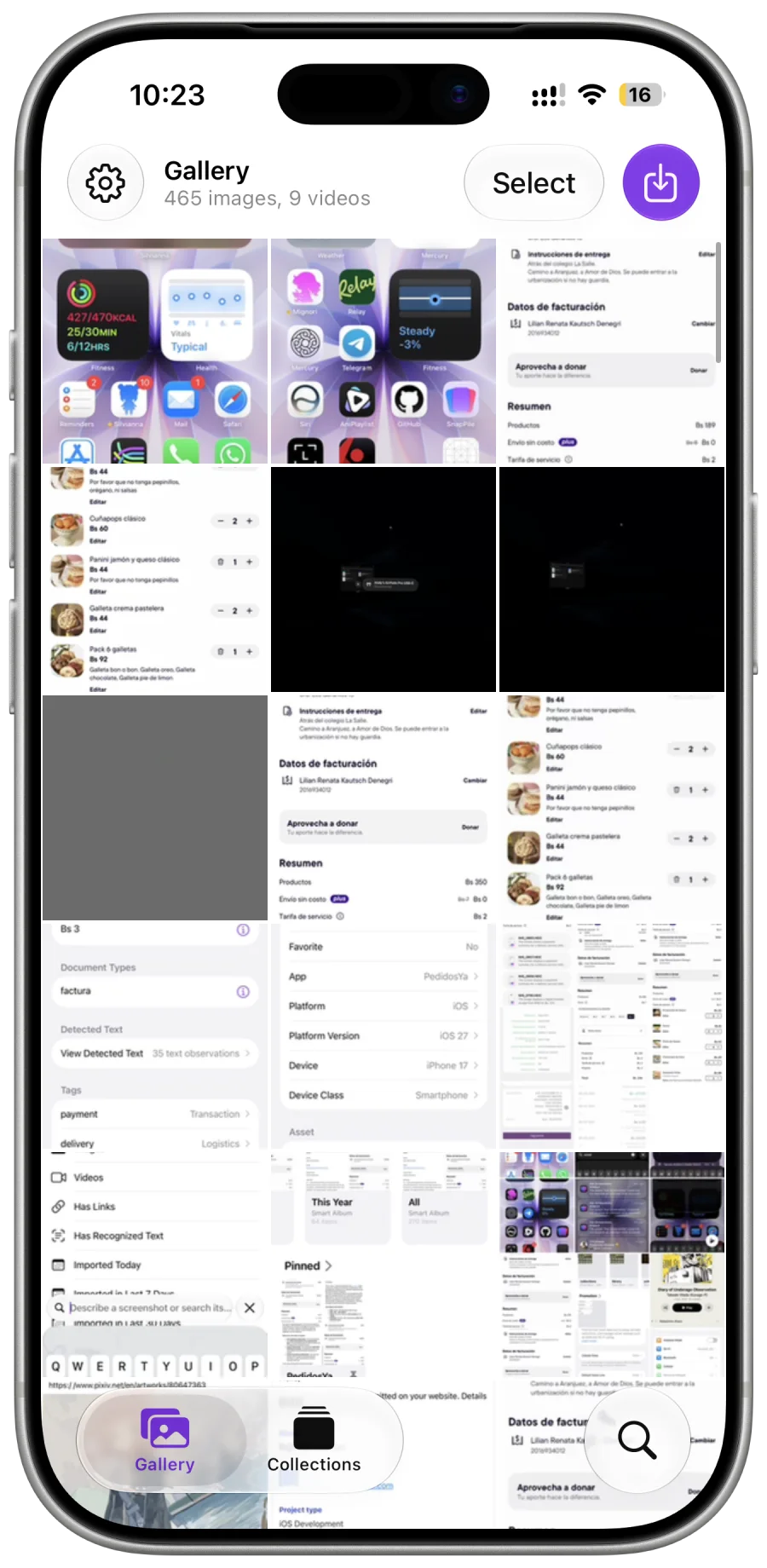 SnapPile gallery showing screenshots and videos