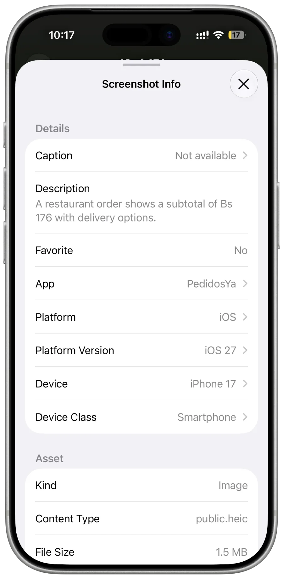 SnapPile screenshot information sheet with description and metadata