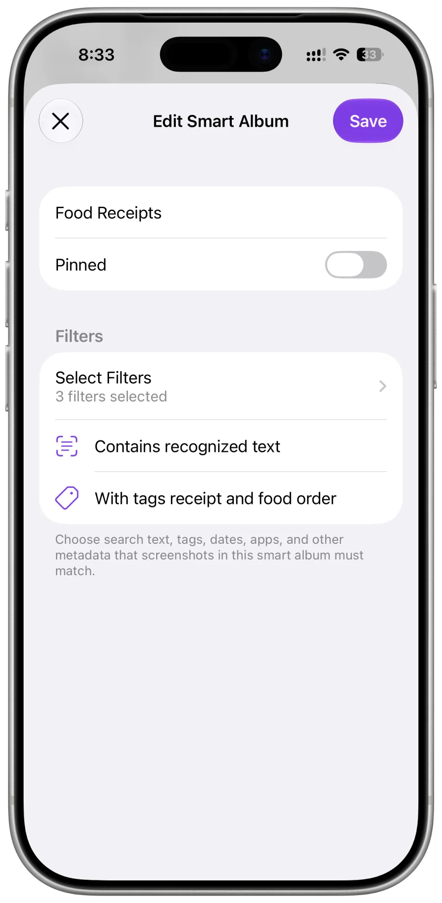 SnapPile smart album editor with filters for text and tags