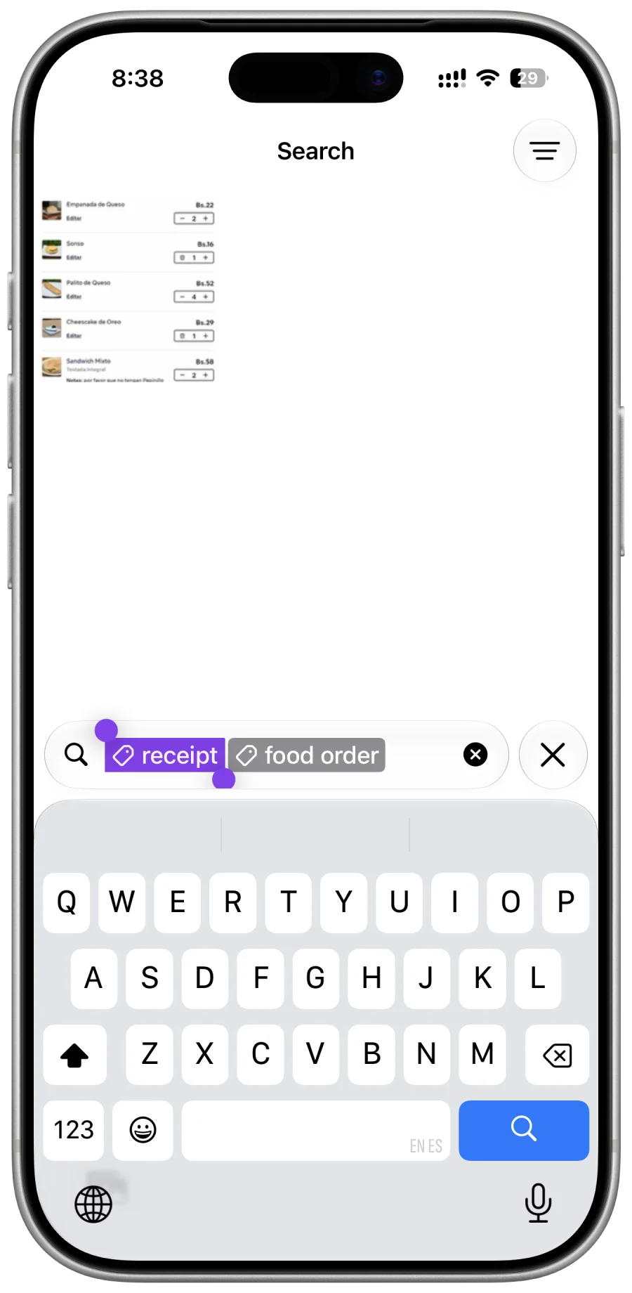 SnapPile search screen with selected tag filters